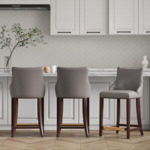 Manhattan Comfort Modern Shubert Counter Stool Upholstered in Dark Taupe Leatherette with Beech Wood Legs - Set of 3