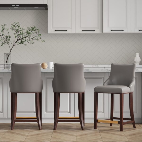 Manhattan Comfort Modern Shubert Counter Stool Upholstered in Dark Taupe Leatherette with Beech Wood Legs - Set of 3