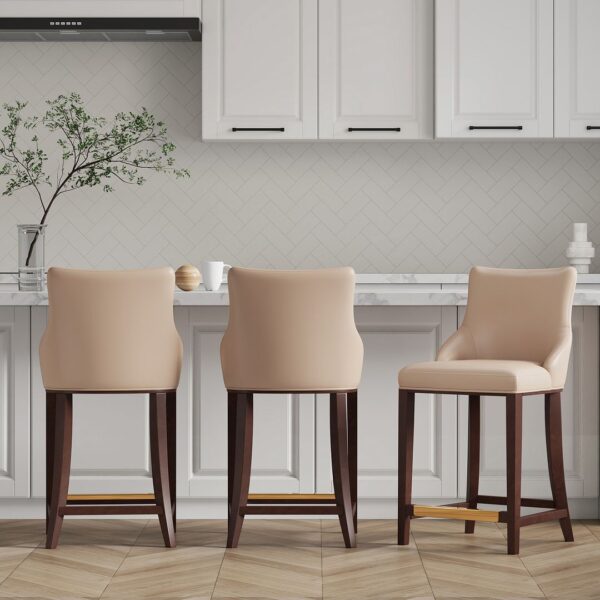 Manhattan Comfort Modern Shubert Counter Stool Upholstered in Tan Leatherette with Beech Wood Legs - Set of 3