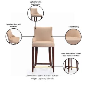 Manhattan Comfort Modern Shubert Counter Stool Upholstered in Tan Leatherette with Beech Wood Legs - Set of 3