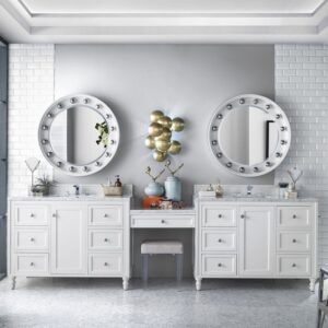 James Martin 301-V122-BW-DU-3CAR Copper Cove Encore 126 Inch Double Vanity Set in Bright White with Makeup Table with 3 cm Carrara Marble Top