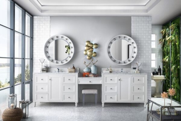 James Martin 301-V122-BW-DU-3CAR Copper Cove Encore 126 Inch Double Vanity Set in Bright White with Makeup Table with 3 cm Carrara Marble Top