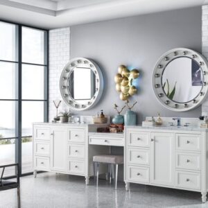 James Martin 301-V122-BW-DU-3CAR Copper Cove Encore 126 Inch Double Vanity Set in Bright White with Makeup Table with 3 cm Carrara Marble Top