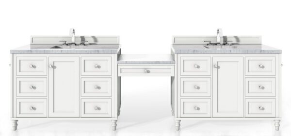 James Martin 301-V122-BW-DU-3CAR Copper Cove Encore 126 Inch Double Vanity Set in Bright White with Makeup Table with 3 cm Carrara Marble Top