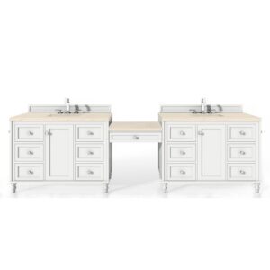 James Martin 301-V122-BW-DU-3EMR Copper Cove Encore 122 Inch Double Vanity Set in Bright White with Makeup Table and 3 CM Eternal Marfil Quartz Top