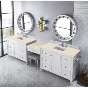 James Martin 301-V122-BW-DU-3EMR Copper Cove Encore 122 Inch Double Vanity Set in Bright White with Makeup Table and 3 CM Eternal Marfil Quartz Top