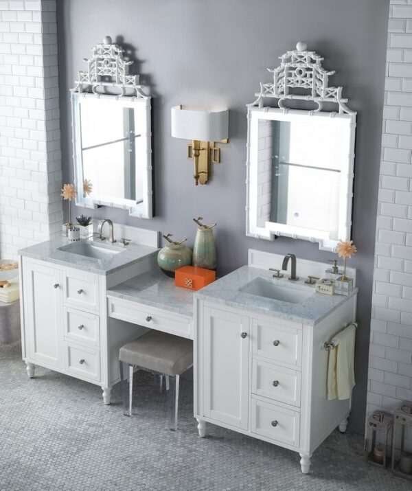 James Martin 301-V86-BW-DU-3CAR Copper Cove Encore 90 Inch Double Vanity Set in Bright White with Makeup Table with 3 cm Carrara Marble Top