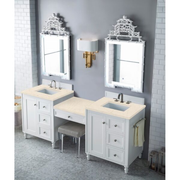 James Martin 301-V86-BW-DU-3EMR Copper Cove Encore 86 Inch Double Vanity Set in Bright White with Makeup Table and 3 CM Eternal Marfil Quartz Top