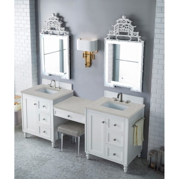 James Martin 301-V86-BW-DU-3ESR Copper Cove Encore 86 Inch Double Vanity Set in Bright White with Makeup Table and 3 CM Eternal Serena Quartz Top