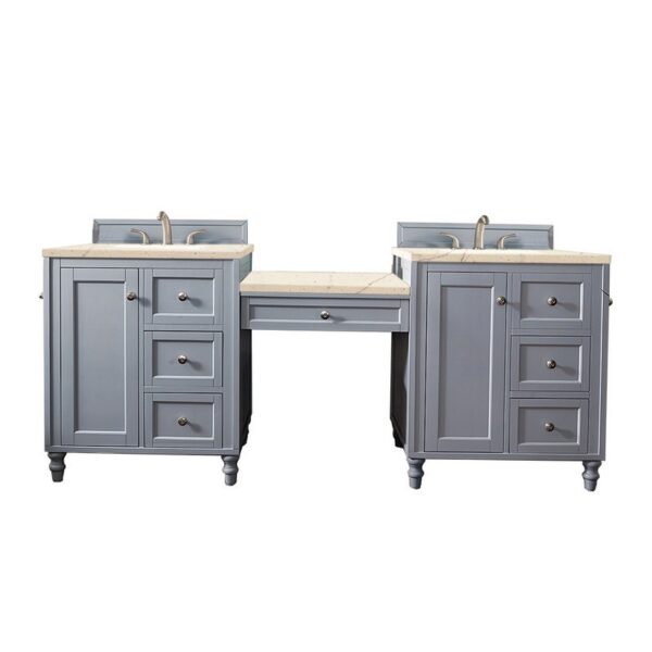 James Martin 301-V86-SL-DU-3EMR Copper Cove Encore 86 Inch Double Vanity Set in Silver Gray with Makeup Table and 3 CM Eternal Marfil Quartz Top