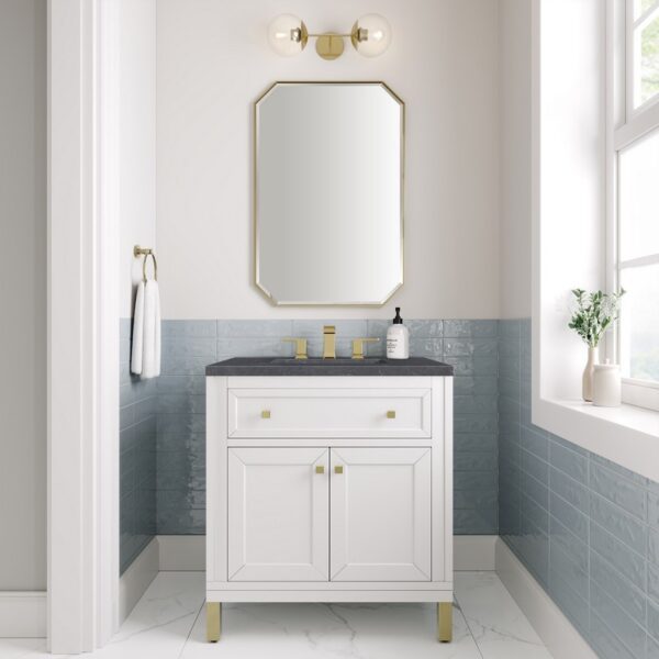 James Martin 305-V30-GW-3CSP Chicago 30 Inch Glossy White Single Sink Vanity with 3 cm Charcoal Soapstone Top