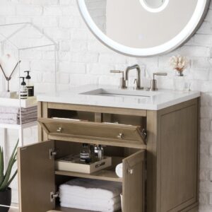 James Martin 305-V30-WWW-3EJP Chicago 30 Inch Single Vanity in Whitewashed Walnut with 3 cm Eternal Jasmine Pearl Quartz Top with Sink