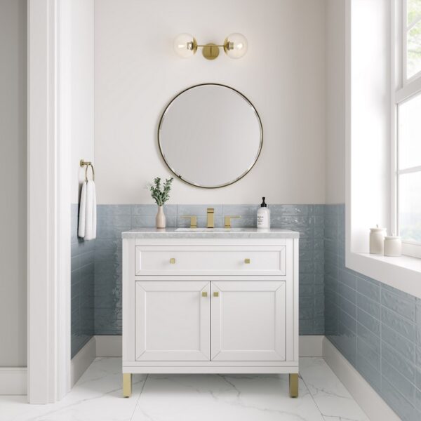 James Martin 305-V36-GW-3CAR Chicago 36 Inch Glossy White Single Sink Vanity with 3 cm Carrara Marble Top