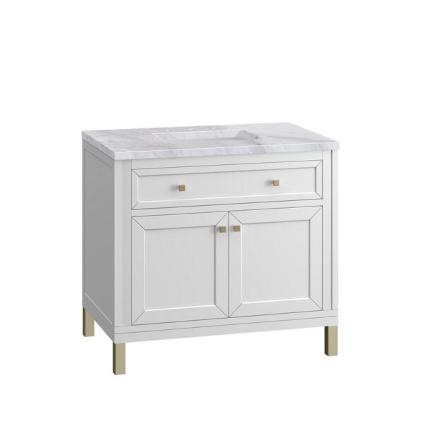 James Martin 305-V36-GW-3CAR Chicago 36 Inch Glossy White Single Sink Vanity with 3 cm Carrara Marble Top