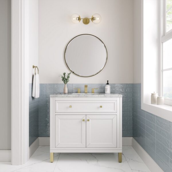 James Martin 305-V36-GW-3EJP Chicago 36 Inch Glossy White Single Sink Vanity with 3 cm Eternal Jasmine Pearl Top