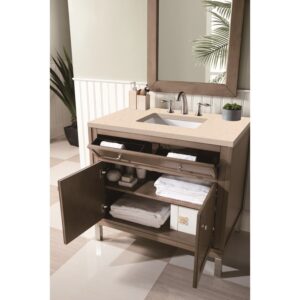 James Martin 305-V36-WWW-3EMR Chicago 36 Inch Single Vanity Whitewashed Walnut with 3 CM Eternal Marfil Quartz Top