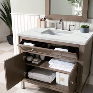 James Martin 305-V36-WWW-3ENC Chicago 36 Inch Single Vanity Cabinet with Ethereal Noctis Quartz Top - Whitewashed Walnut