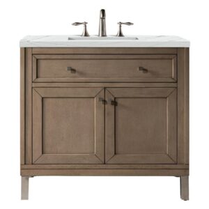 James Martin 305-V36-WWW-3ENC Chicago 36 Inch Single Vanity Cabinet with Ethereal Noctis Quartz Top - Whitewashed Walnut