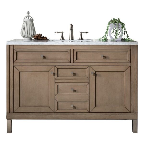 James Martin 305-V48-WWW-3CAR Chicago 48 Inch Whitewashed Walnut Single Vanity with 3 cm Carrara Marble Top