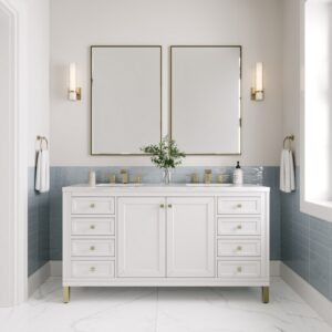 James Martin 305-V60D-GW-3AF Chicago 60 Inch Glossy White Double Sink Vanity with 3 cm Arctic Fall Top