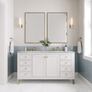 James Martin 305-V60D-GW-3EJP Chicago 60 Inch Glossy White Double Sink Vanity with 3 cm Eternal Jasmine Pearl Top