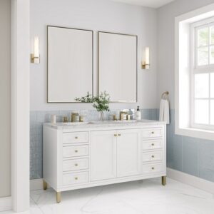 James Martin 305-V60D-GW-3EJP Chicago 60 Inch Glossy White Double Sink Vanity with 3 cm Eternal Jasmine Pearl Top