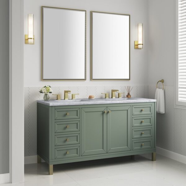 James Martin 305-V60D-SC-3CAR Chicago 60 Inch Smokey Celadon Double Sink Vanity with 3 cm Carrara Marble Top