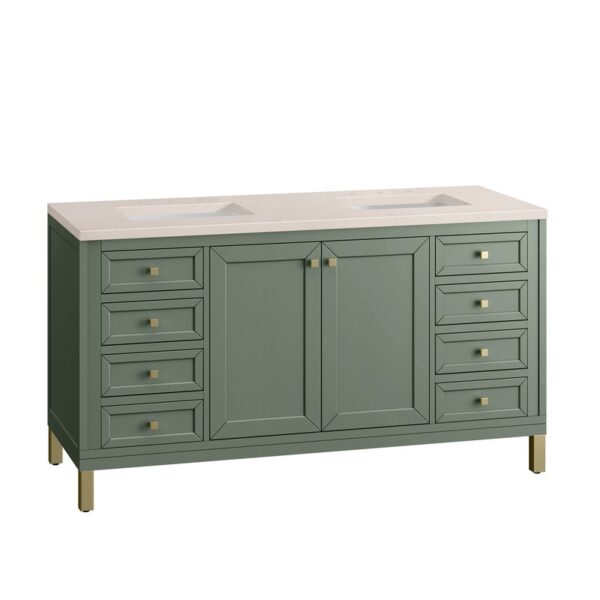 James Martin 305-V60D-SC-3EMR Chicago 60 Inch Smokey Celadon Double Sink Vanity with 3 cm Eternal Marfil Top