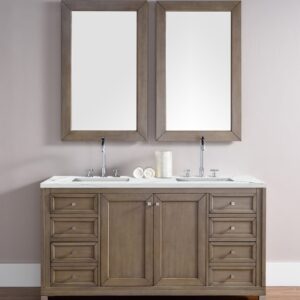 James Martin 305-V60D-WWW-3ENC Chicago 60 Inch Double Vanity Cabinet with Ethereal Noctis Quartz Top - Whitewashed Walnut