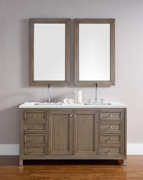 James Martin 305-V60D-WWW-3ENC Chicago 60 Inch Double Vanity Cabinet with Ethereal Noctis Quartz Top - Whitewashed Walnut