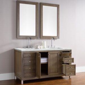 James Martin 305-V60D-WWW-3ENC Chicago 60 Inch Double Vanity Cabinet with Ethereal Noctis Quartz Top - Whitewashed Walnut