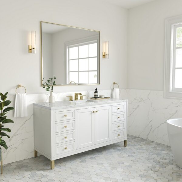 James Martin 305-V60S-GW-3ENC Chicago 60 Inch Glossy White Single Sink Vanity with 3 cm Ethereal Noctis Top