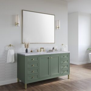 James Martin 305-V60S-SC-3CAR Chicago 60 Inch Smokey Celadon Single Sink Vanity with 3 cm Carrara Marble Top