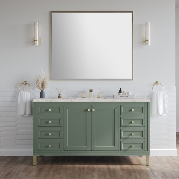 James Martin 305-V60S-SC-3EJP Chicago 60 Inch Smokey Celadon Single Sink Vanity with 3 cm Eternal Jasmine Pearl Top