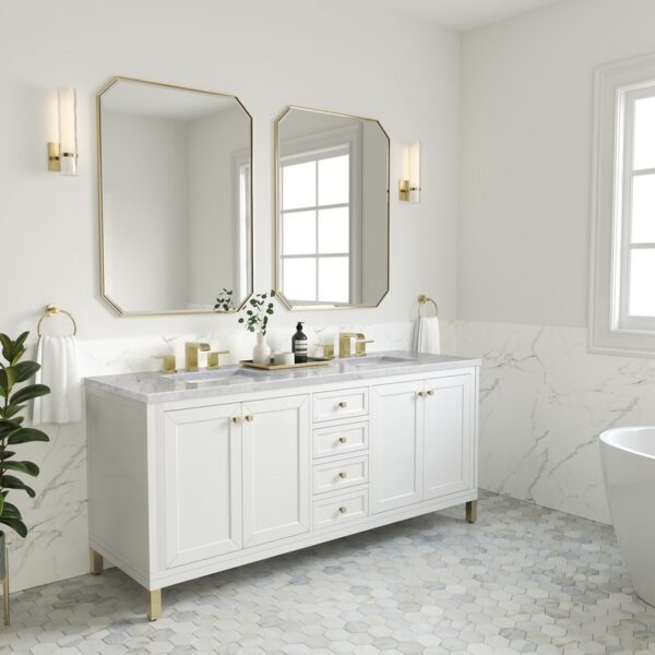 James Martin 305-V72-GW-3CAR Chicago 72 Inch Glossy White Double Sink Vanity with 3 cm Carrara Marble Top