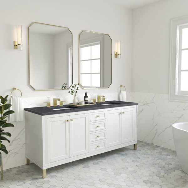 James Martin 305-V72-GW-3CSP Chicago 72 Inch Glossy White Double Sink Vanity with 3 cm Charcoal Soapstone Top