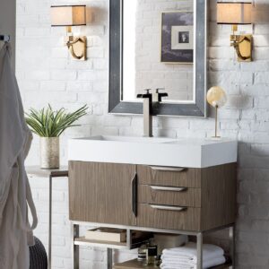 James Martin 388-V36-AGR-BN-GW Columbia 36 Inch Single Vanity in Ash Gray with Glossy White Solid Surface Top