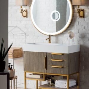 James Martin 388-V36-AGR-RG-GW Columbia 36 Inch Single Vanity in Ash Gray, Radiant Gold with Glossy White Solid Surface Top