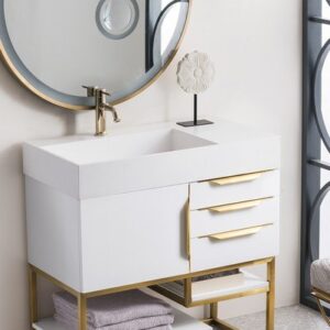 James Martin 388-V36-GW-RG-GW Columbia 36 Inch Single Vanity in Glossy White, Radiant Gold with Glossy White Solid Surface Top