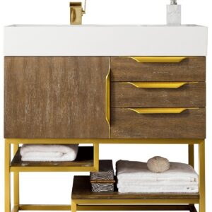 James Martin 388-V36-LTO-RG-GW Columbia 36 Inch Single Vanity in Latte Oak, Radiant Gold with Glossy White Solid Surface Top