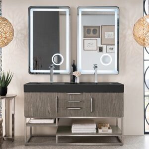 James Martin 388-V59D-AGR-BN-DGG Columbia 59 Inch Double Vanity in Ash Gray with Glossy Dark Gray Solid Surface Top