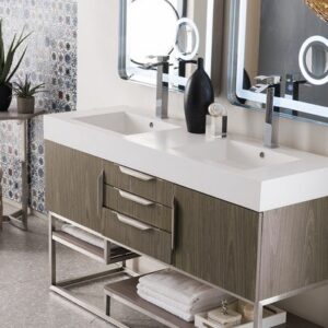 James Martin 388-V59D-AGR-BN-DGG Columbia 59 Inch Double Vanity in Ash Gray with Glossy Dark Gray Solid Surface Top