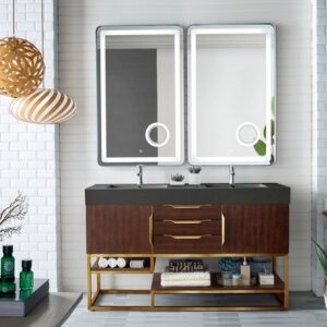 James Martin 388-V59D-CFO-RG-DGG Columbia 59 Inch Double Vanity in Coffee Oak, Radiant Gold with Glossy Dark Gray Solid Surface Top