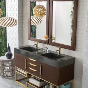 James Martin 388-V59D-CFO-RG-DGG Columbia 59 Inch Double Vanity in Coffee Oak, Radiant Gold with Glossy Dark Gray Solid Surface Top