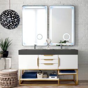 James Martin 388-V59D-GW-RG-GW Columbia 59 Inch Double Vanity in Glossy White, Radiant Gold with Glossy White Solid Surface Top