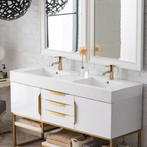 James Martin 388-V59D-GW-RG-GW Columbia 59 Inch Double Vanity in Glossy White, Radiant Gold with Glossy White Solid Surface Top