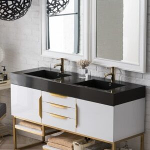 James Martin 388-V59D-GW-RG-GW Columbia 59 Inch Double Vanity in Glossy White, Radiant Gold with Glossy White Solid Surface Top