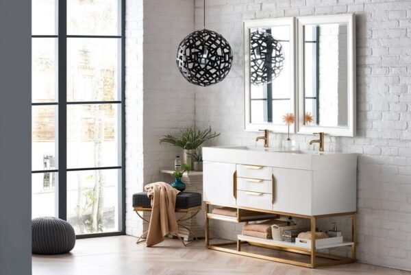 James Martin 388-V59D-GW-RG-GW Columbia 59 Inch Double Vanity in Glossy White, Radiant Gold with Glossy White Solid Surface Top