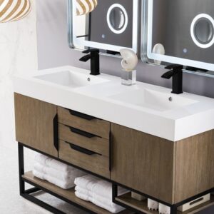 James Martin 388-V59D-LTO-MB-GW Columbia 59 Inch Double Vanity Cabinet with Glossy White Composite Top - Latte Oak