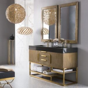 James Martin 388-V59D-LTO-RG-GW Columbia 59 Inch Double Vanity in Latte Oak, Radiant Gold with Glossy White Solid Surface Top